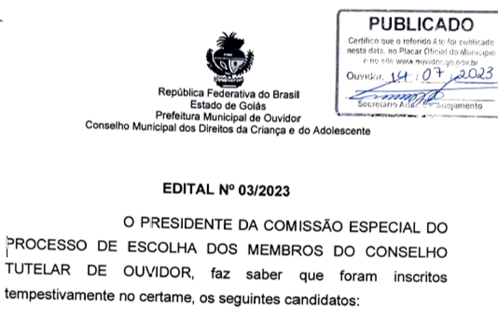 Edital do Processo de escolha dos membros do Conselho tutelar de Ouvidor